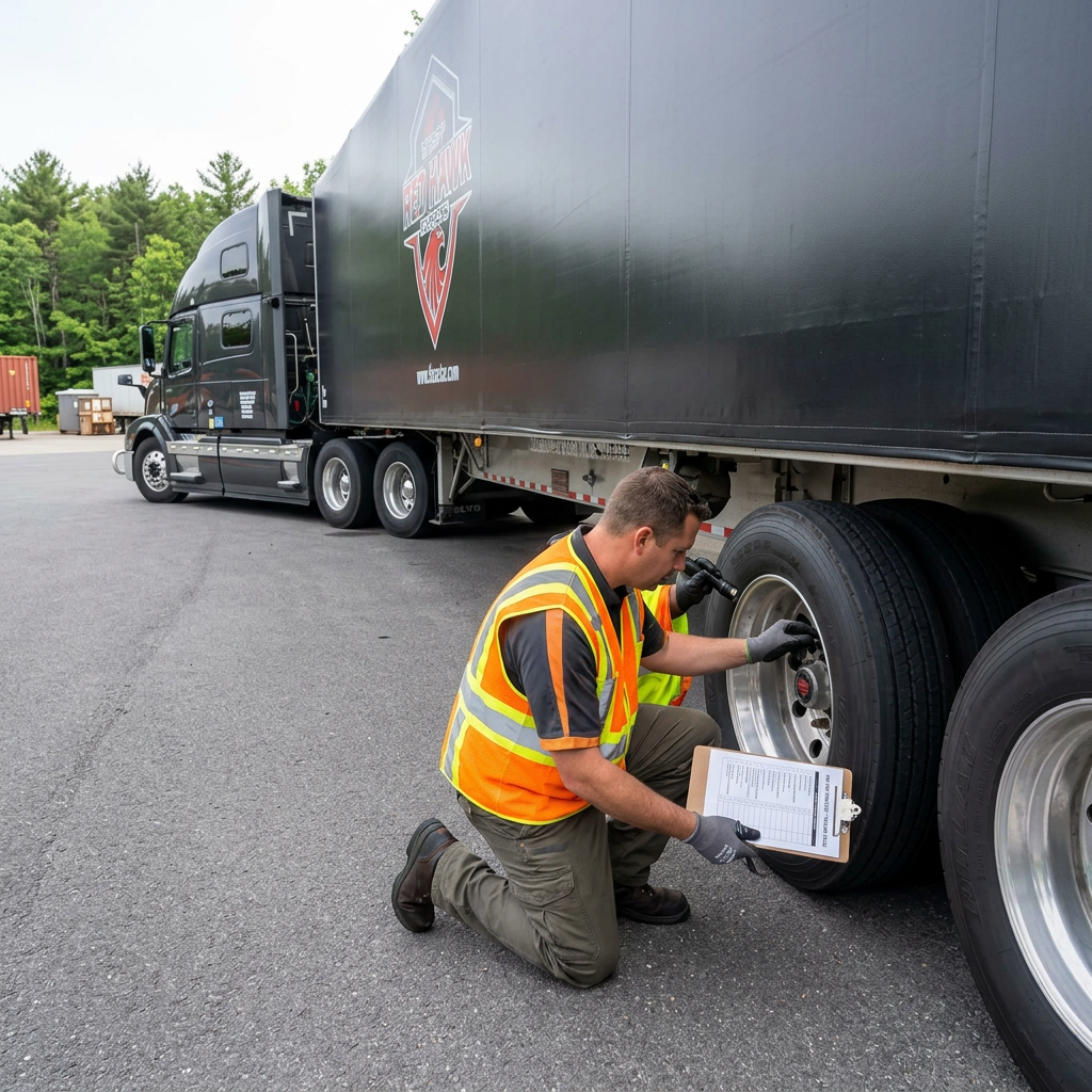 Red Hawk Carrier driver performing a pre-trip safety inspection